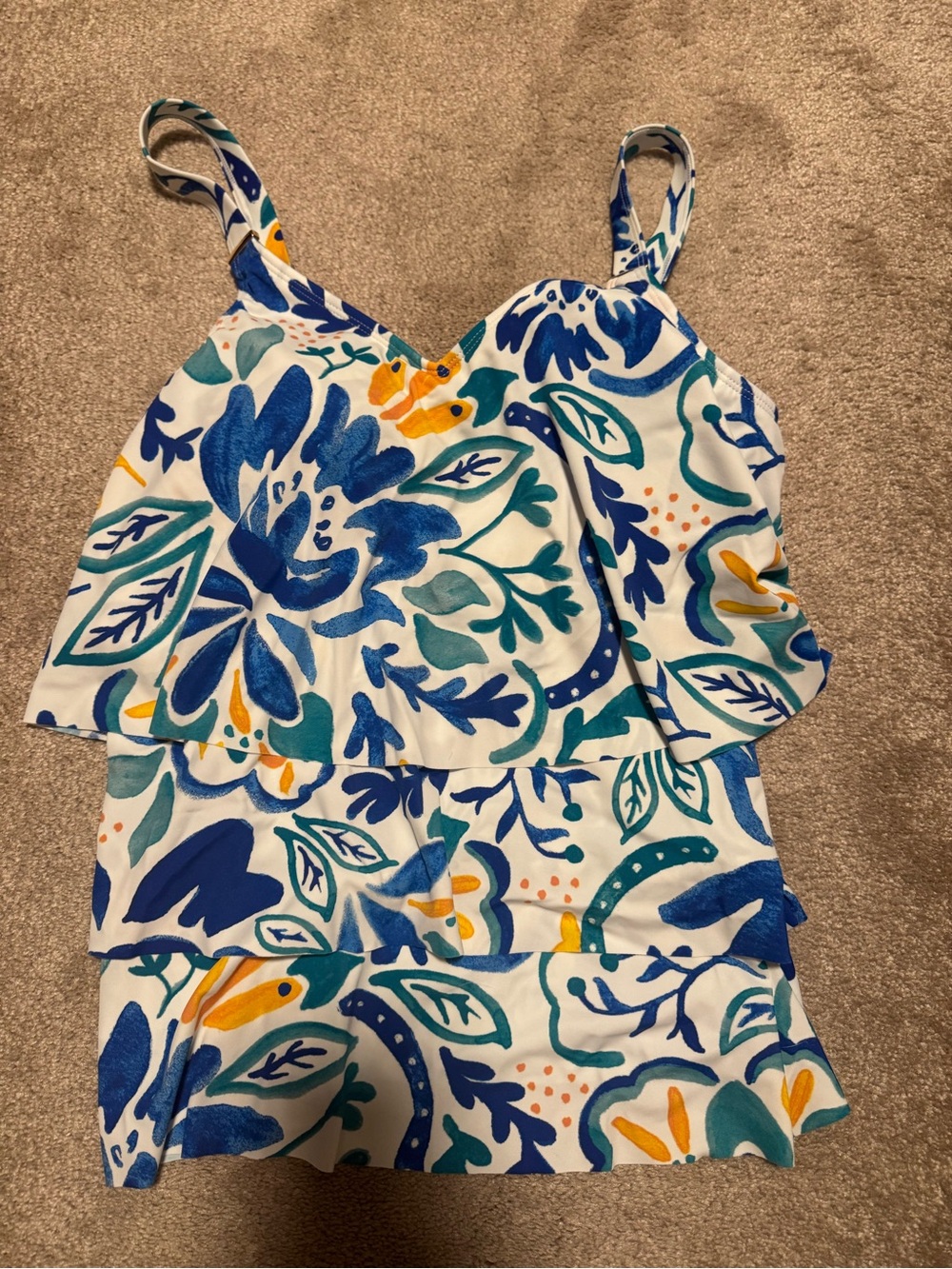 Susan Graver White Floral Tiered Camisole Swim Setwith Blue, Teal & Yellow Print